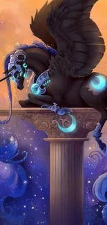 A black winged Pegasus with blue accents on a pedestal against a starry sky.