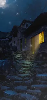 Mystical village scene under a starlit sky.