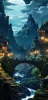 Mystical fantasy village under a full moon, with glowing lights and enchanting scenery.