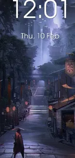 Moody Japanese street scene with lanterns at night.