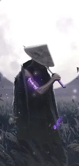 Silhouetted warrior under a full moon in a tranquil field, creating a mystical scene.