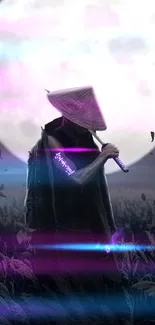 A mystical warrior stands under a full moon in a dark, atmospheric landscape.