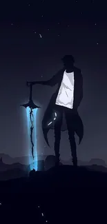 Silhouetted warrior with glowing sword under starry night sky.