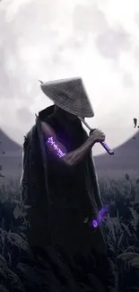 Mystical warrior under a full moon in a field, glowing purple.