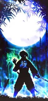 Mystical warrior silhouette with glowing aura under full moon.