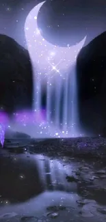 Purple waterfall beneath moon in night sky with stars.