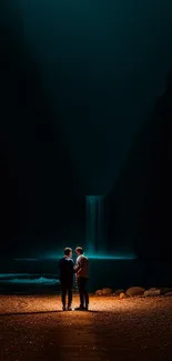 Two figures stand by a waterfall at night, surrounded by serene, dark teal shadows.