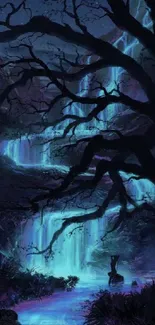 Mystical blue night waterfall with silhouetted trees.