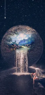 Mystical night scene with waterfall and stars in a serene, dreamy atmosphere.