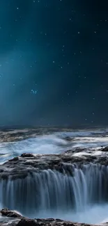 Mystical waterfall under starry night sky with moonlight.