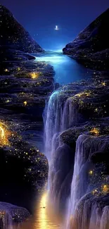 Mystical night scene with glowing waterfall and starry sky.