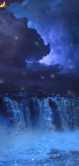 Mystical night waterfall under a starry sky with blue hues.