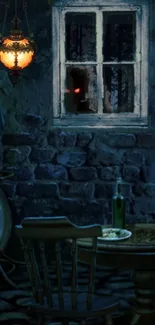 Moody room with glowing red eyes outside a window.