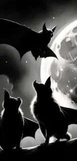 Black and white wallpaper of bats and a full moon.