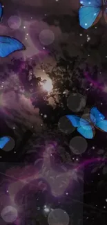 Blue butterflies under a mystical purple night sky.