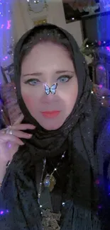 Woman with butterfly filter and dark glowing backdrop.