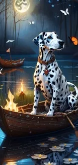 Dalmatian in a boat under moonlight with butterflies.