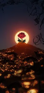 A mystical wallpaper with a glowing rose on a starry night sky.