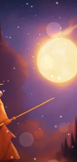 Wizard gazing at a glowing moon in a magical night scene.