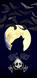 Wolf silhouette under moon with bats in dark night wallpaper.