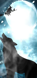 Wolf howling at the glowing moon with a witch flying silhouette in the sky.