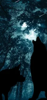 Silhouetted wolves howling under a moonlit forest canopy.