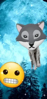 Wolf face with moon and grinning emoji in the night forest.