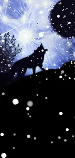 Silhouette of a wolf under a starry night sky with cosmic elements.