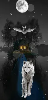 Mystical wolf under a moonlit night sky with a forest background.