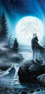 Mystical night scene with howling wolves and a glowing full moon.