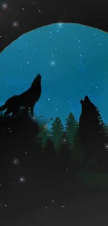 Silhouetted wolves howling against a midnight blue starry sky.