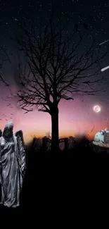 A surreal night scene with angel statue and shooting stars.