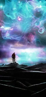 Man gazing at a mystical cosmic sky over water.