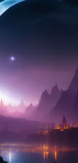 Mystical nightscape with crescent moon and mountain city.