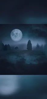 Mystical moonlit night with a forest under a bright full moon.