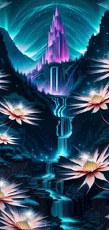 Mystical nightscape wallpaper with castle, cascading waterfall, and luminous flowers.