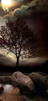 Mystical nightscape with moonlit tree and rocks.