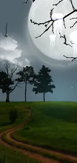 Mystical night scene with moonlit trees and dark green field wallpaper.