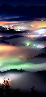 Mystical foggy valley with colorful night glow.