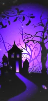 Mystical purple nightscape with haunted house silhouette.