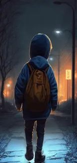 Child with backpack walking under glowing streetlights at night.