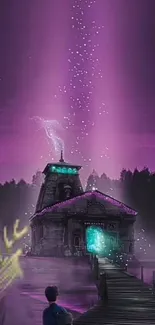 Mystical cottage under a purple-lit sky with enchanting night ambiance.