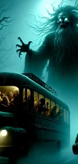 Giant spirit looming over a vintage bus in a mystical, eerie nighttime scene.