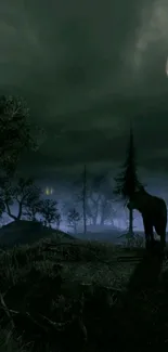 Moonlit night with a wolf silhouette in a mystical forest scene.