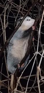 Parrot in branches during nighttime scene.