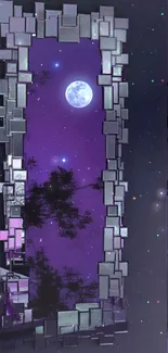 Purple night sky with moon reflecting in a geometric mirror.