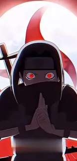 Anime ninja stands against a vivid red background with white highlights.