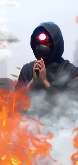 Hooded ninja surrounded by fire and mist in dynamic wallpaper.