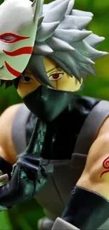 Masked anime ninja in lush green forest.