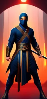 Ninja warrior in blue costume with glowing orange background.